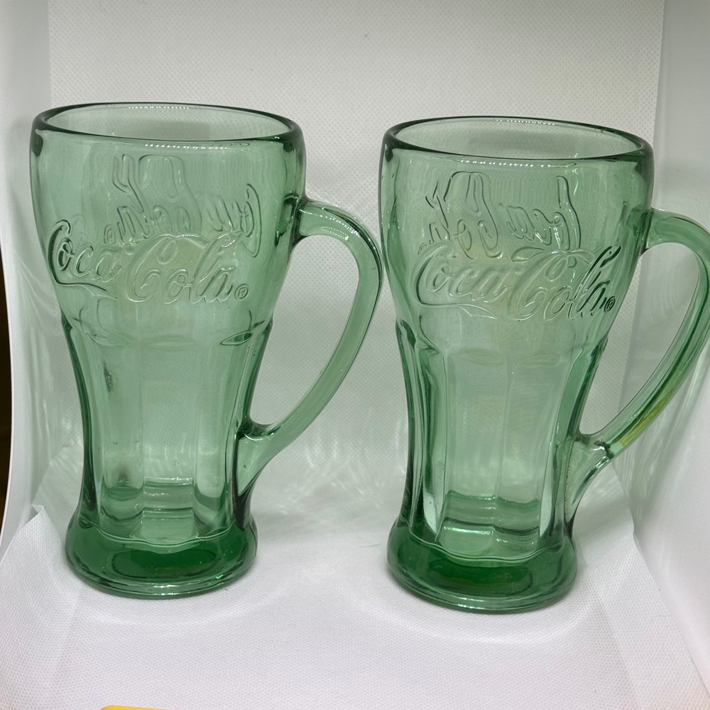 Set of 2 Vintage Coca-Cola Green Glass Embossed Logo Libbey Mugs, 14 oz., 6.25"